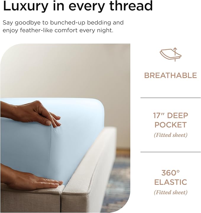 Threadmill Luxury Full Size Sheets for Full Size Mattress, 1000 Thread Count Supima Cotton Sheets for Full Mattress, 5-Star Hotel Quality 4 Piece Bed Sheets with Extra Deep Pocket, Light Blue