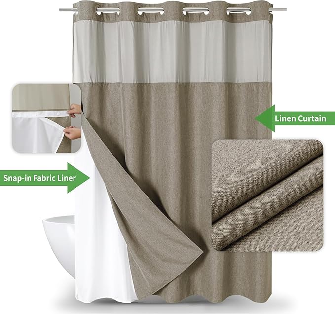No Hooks Needed Linen Textured Shower Curtain with Snap-in Fabric Liner Set,Hotel Luxury Decor Shower Curtains for Bathroom with Mesh Top Window,Waterproof & Washable,71Wx74H,Khaki/Tan