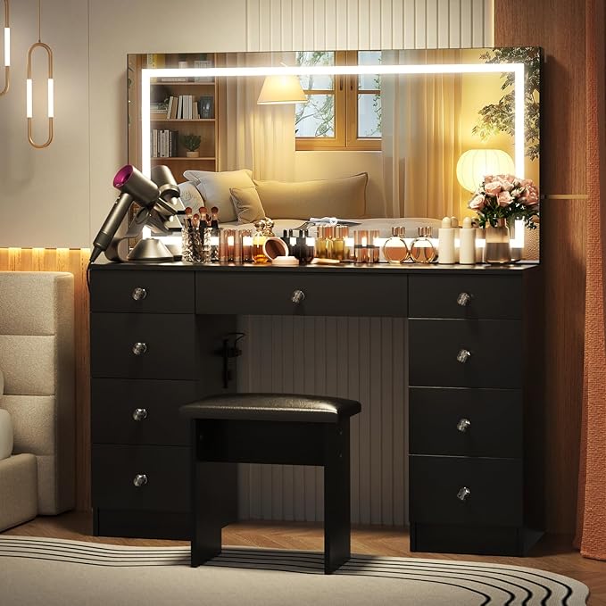 VOWNER Vanity with Lighted Mirror - 47" Makeup Vanity Desk with 9 Drawers and Power Outlet, 3 Color Lighting Modes Adjustable Brightness, Makeup Desk with Soft Cushioned Stool for Bedroom, Black