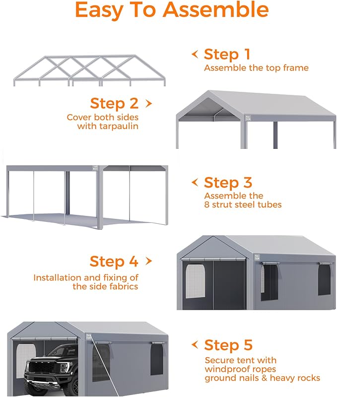 Carport, 12 x 20 FT Portable Garage Heavy Duty, Carport Canopy with Side-Opening Door & Roll-Up Windows, Car Canopy Reinforced with Extended Skirt and All Season Tarp for Car, Truck, Boat（Light Gray）