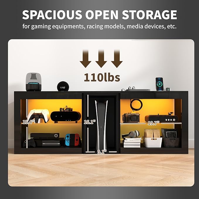 HOMCOM Modern TV Stand with LED Lights and Power Outlets for 55 Inch TV, 51" High Gloss Entertainment Center with Adjustable Glass Shelves, TV Console for Bedroom, Living Room, Black