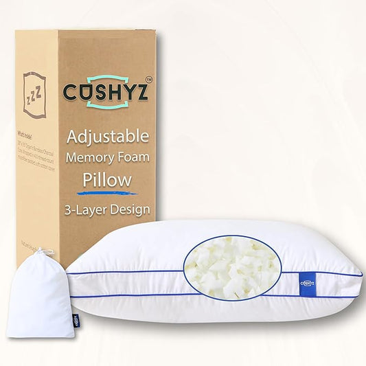 Adjustable Premium Memory Foam Pillow, Standard Size 26x18 inches, 400 TC Organic Cotton Cover with Down Alternative Plush Padding, Designed for Stomach, Back, & Side Sleepers