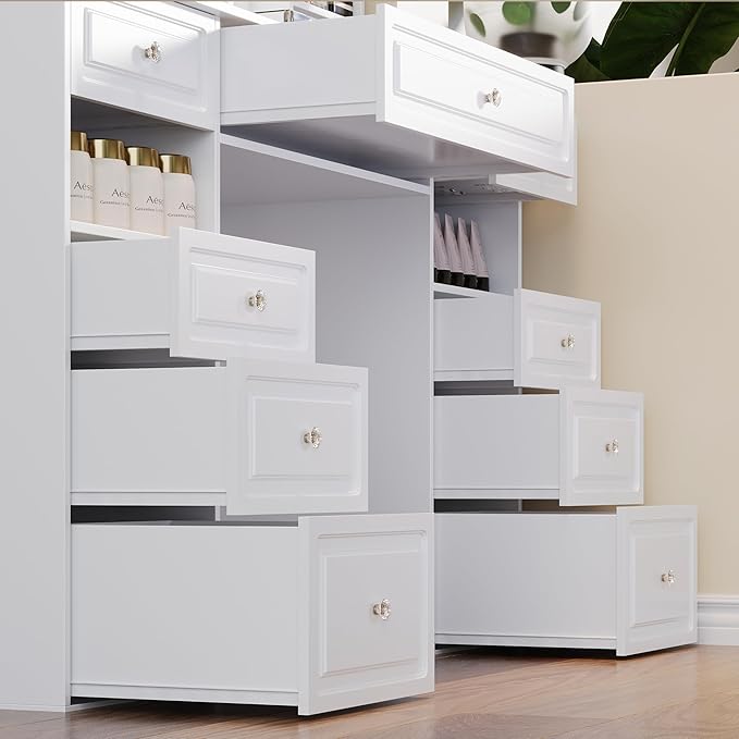 Extra Large Vanity Desk with Mirror and Lights, White Vanity with Bluetooth Speaker, Wireless Charging and Mask Cooler, Multifunctional Makeup Vanity with 9 Drawers for Women (European Style)