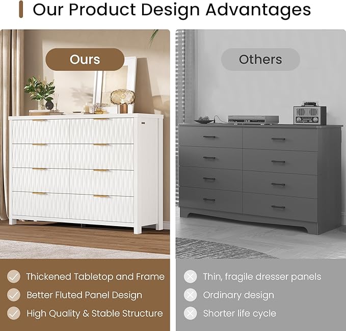 Dresser for Bedroom with 8 Drawers, 46.9" Wide Modern Chest of Drawers with Metal Handle, Wood Dresser TV Stand, Wood Storage Organizer for Bedroom, Living Room, Closet(Beigewhite)