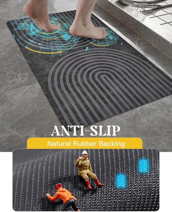 MontVoo -Bath Mat-Non Slip Thin Bathroom Rugs Fit Under Door- Quick Dry Absorbent Faux Suede Surface Grey Bathroom Floor Mats-Shower Rug for in Front of Bathtub Shower Dark Grey Arched 17x59