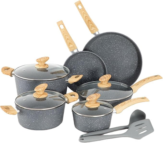MAISON ARTS Pots and Pans Set Non Stick, 12 Piece Grey Granite Kitchen Cookware Induction Compatible, Pot and Pan Sets for Cooking Nonstick