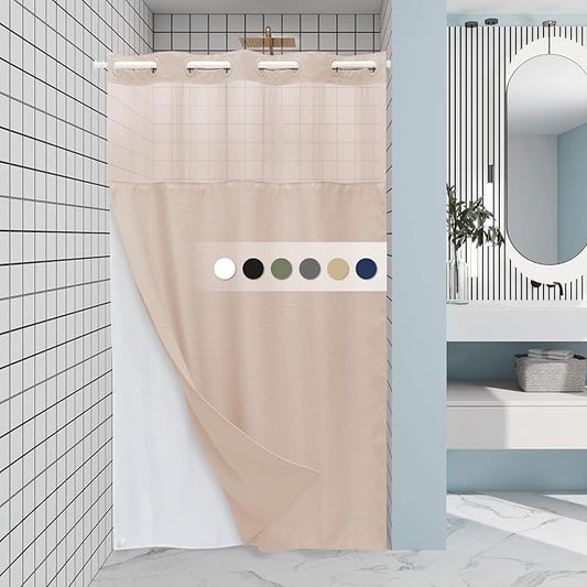 Blush Pink Stall No Hook Shower Curtain with Snap in Liner,230GSM Waffle Weave Shower Curtains for Bathroom,54W x 80H