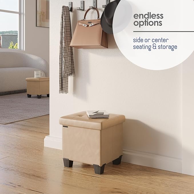 STORAGEBUD Storage Ottoman Cube with Small Bin, 16-in Square Ottoman with Storage for Living Room and Bedroom, Small Ottomans Foot Rest, Faux Leather Foot Stools Ottomans Max 330lbs, Taupe