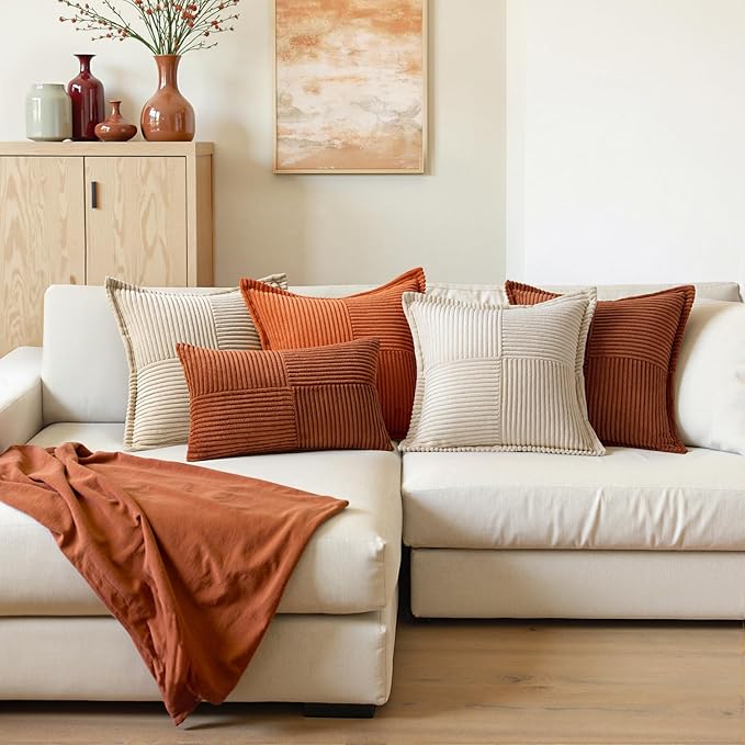 MIULEE Dark Rust Fall Decorative Euro Sham Throw Pillow Covers for Couch Bed Livingroom 24x24 Inch Set of 2 Boho Accent Throw Pllows Broadside Striped Patchwork Soft Corduroy Pillowcases