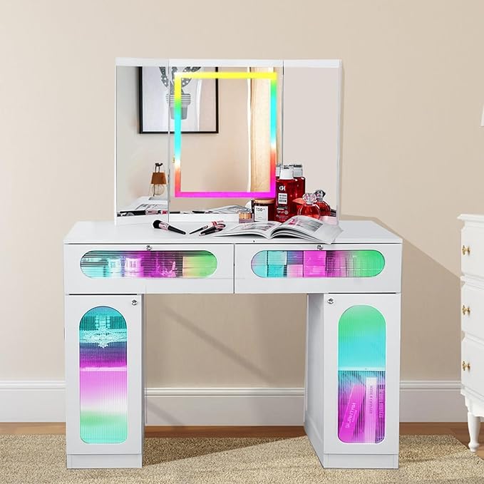 Vanity Desk with Tri-Fold Mirror and Lights, LED Makeup Vanity with 2 Drawers, 2 Doors Storage, Gifts for Girls/Women (White)