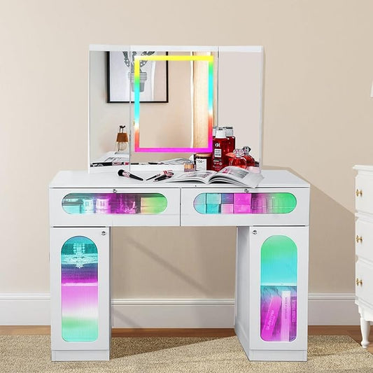 Vanity Desk with Tri-Fold Mirror and Lights, LED Makeup Vanity with 2 Drawers, 2 Doors Storage, Gifts for Girls/Women (White)
