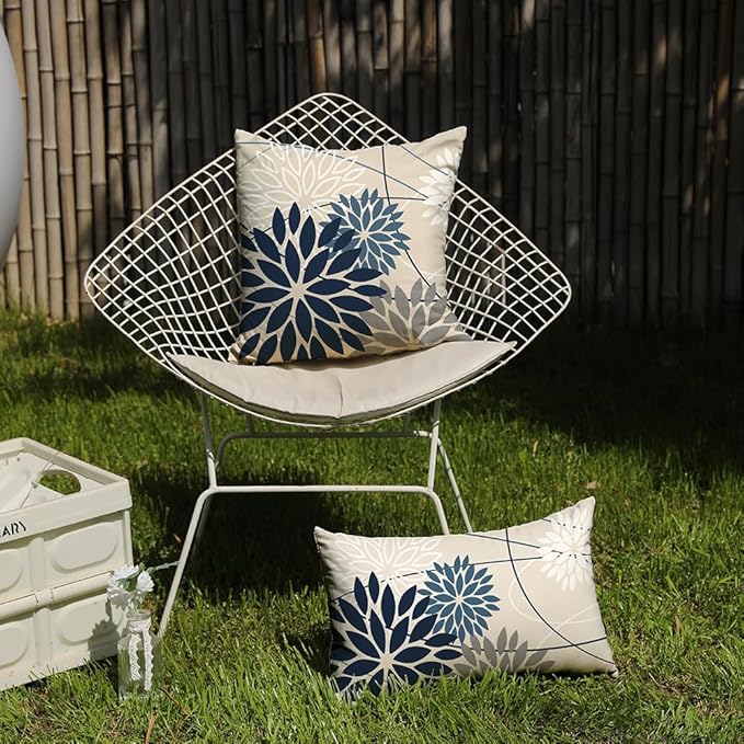 Blue and Gray Floral Pillow Covers 12x20 Set of 2 Outdoor Waterproof White Colored Decorative Throw Pillows Summer Pillowcase Polyester Cushion Case Decor for Couch Patio Funiture Garden Porch 01B12