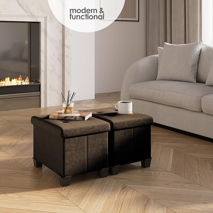 STORAGEBUD Storage Ottoman Cube with Small Bin, 16-in Square Ottoman with Storage for Living Room and Bedroom, Small Ottomans Foot Rest, Velvet Foot Stools Ottomans Max 330lbs, Brown