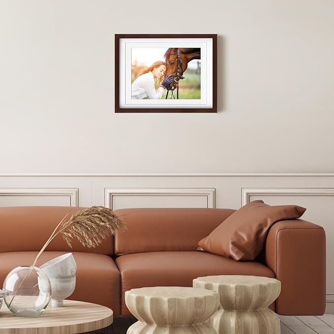 Egofine 12x16 Picture Frames with Plexiglass, Display Pictures 9x12/11x14 with Mat or 12x16 Without Mat for Wall Mounting, Walnut Color