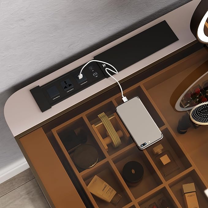 Lartis Makeup Vanity,Dresser Stool Set,Dresser,Computer Desk,partitioned Storage,Smart Socket,LED Makeup Mirror