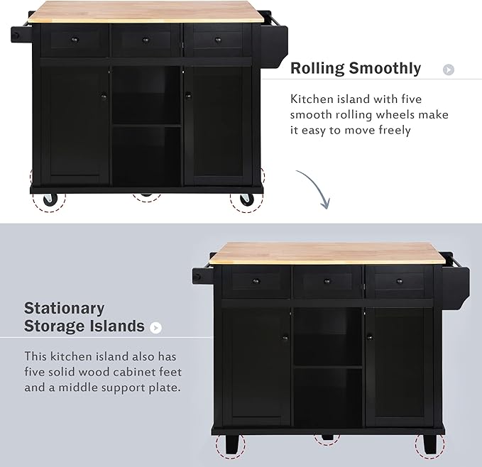 Kitchen Island Cart with Drop-Leaf Cabinet Door Internal Storage Rack 5 Wheels 3 Drawers for Kitchen, Dining Room, Bathroom 53.1" W*29.5" D*37.2" H Black
