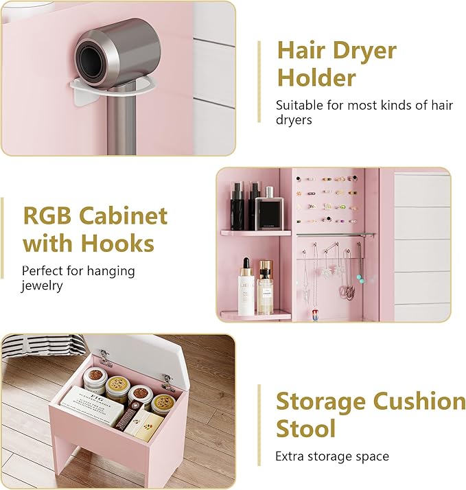 Vanity Desk with Mirror and Lights, Makeup Vanity Table Set with 5 Storage Drawers, Power Outlet & Chair, Small Dressing Table with RGB Ambient Light, Adjustable Brightness for Girls Bedroom, Pink