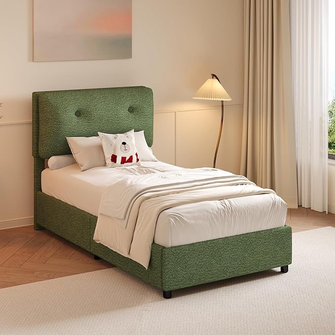 Twin Bed Frames,Breathable Boucle Fabric Upholstered Bed Frame Twin with Headboard,Removable and Washable,Wood Slat Support,No Box Spring Needed,Easy Assembly,Cama Individual,Green