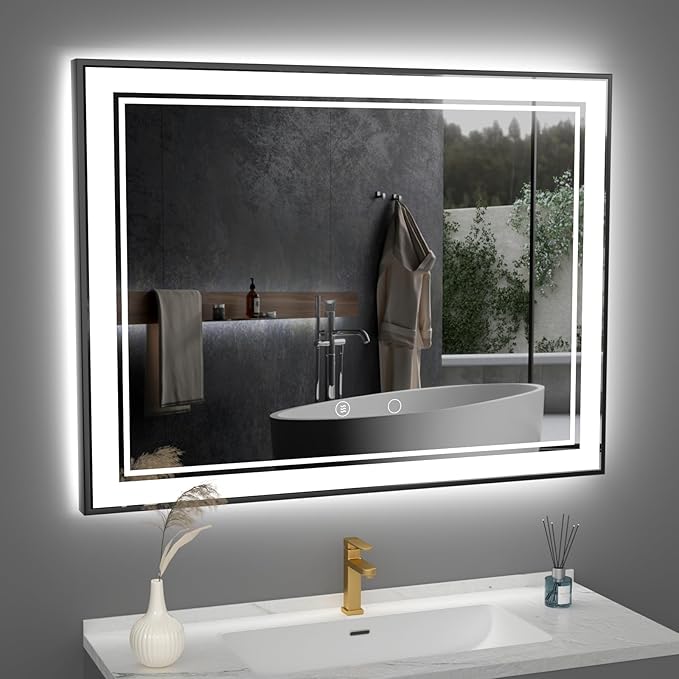 48" x 36" LED Bathroom Mirror with Lights Framed LED Mirror for Bathroom Backlit and Front Lighted Bathroom Mirror Black Square Aluminum Frame Anti-Fog Dimmable Adjustable Shatter-Proof