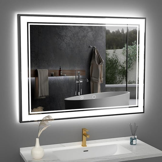 48" x 36" LED Bathroom Mirror with Lights Framed LED Mirror for Bathroom Backlit and Front Lighted Bathroom Mirror Black Square Aluminum Frame Anti-Fog Dimmable Adjustable Shatter-Proof