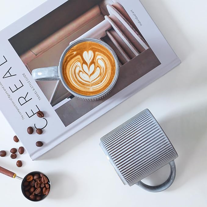 Coffee Mugs Set of 4, 12 OZ Ceramic Coffee Mugs with Handle, Vertical Stripes Coffee Cups Set for Latte/Tea/Cocoa/Milk, Microwave and Diahwasher Safe (Smoky Blue)