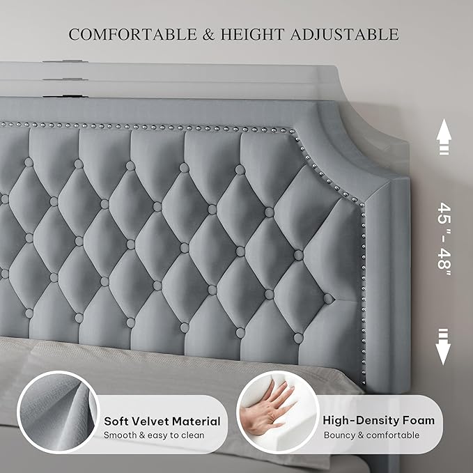 YITAHOME Full Size Bed Frame with Adjustable Headboard, 4 Storage Drawers and Charging Station, Velvet Upholstered Bed Frame with Button Tufted, No Box Spring Needed, Fast Assembly, Noise-Free, Grey