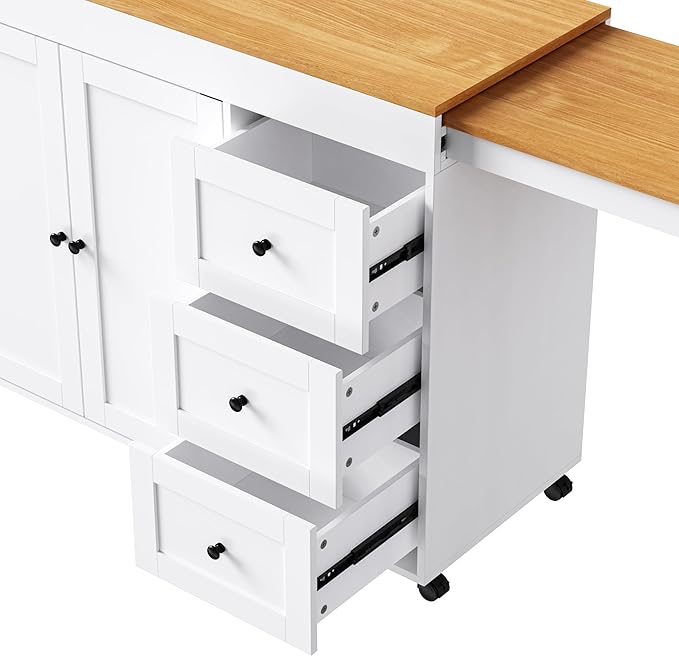 Kitchen Island with Extendable Dining Table, Kitchen Storage Cart with 3 Drawers, Power Outlet, Rolling Kitchen Island on Wheels with Spice Rack and 2 Door Cabinet,for Kitchen (White@01)
