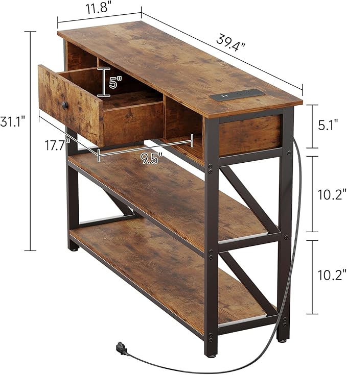 Mexin Console Table with Outlets and USB Ports, Entryway Table with Drawer Storage Shelves, Industrial Wood Hallway Sofa Table for Living Room, Couch, Foyer, Kitchen Counter, 39 Inch, Vintage Brown