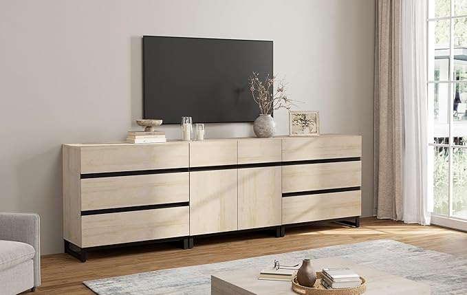 WAMPAT Modern TV Stand for TVs up to 100 Inch, 3-in-1 TV Console with Adjustable Shelves and 6 Drawers, Media Console for Living Room and Bedroom, Light Oak