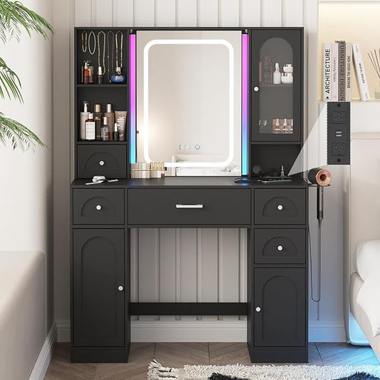 Fameill Black Makeup Vanity Desk with Lights,Makeup Vanity with RGB Lightsand Power Strip,Vanity Table with 5 Drawers Lots Storage & Time Display,3 Lighting Modes Vanity Mirror,41.3in(L)