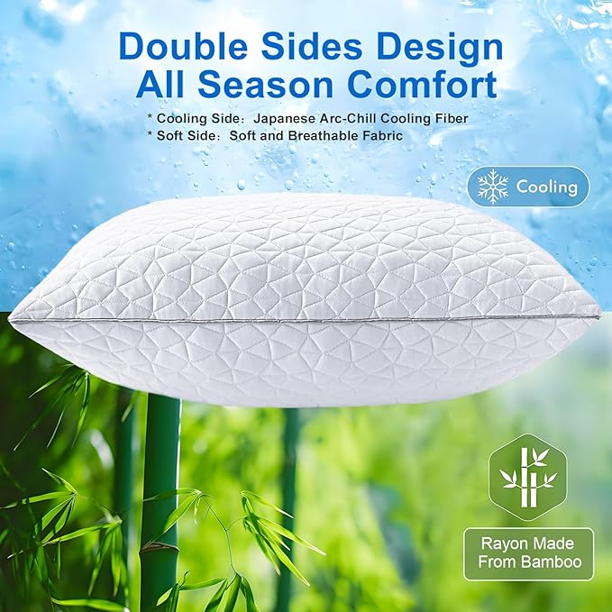 Cooling King Size Pillows Set of 2, Shredded Memory Foam Pillows, Adjustable Firm Bed Pillows Cool Cold Pillow for Hot Side Back Stomach Sleepers with Removable Washable Cover, 20" x 36", White