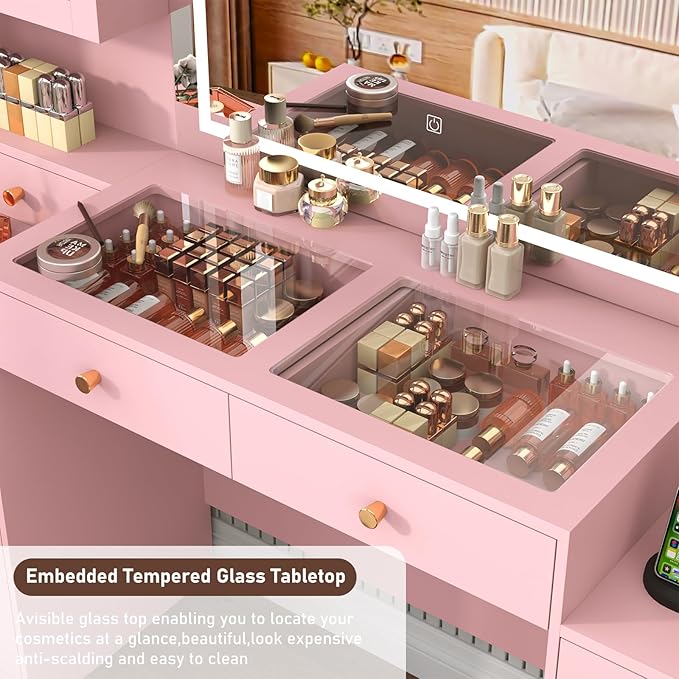 62" Large Pink Vanitys Desk w/ Tempered Glass Top,60000-color LED Lights,Power Outlet, Make up Vanity w/ 3 Lights Mode LED Mirror,9 Drawers,2 RGB Cabinet LED Vanity Table for Women,Girls