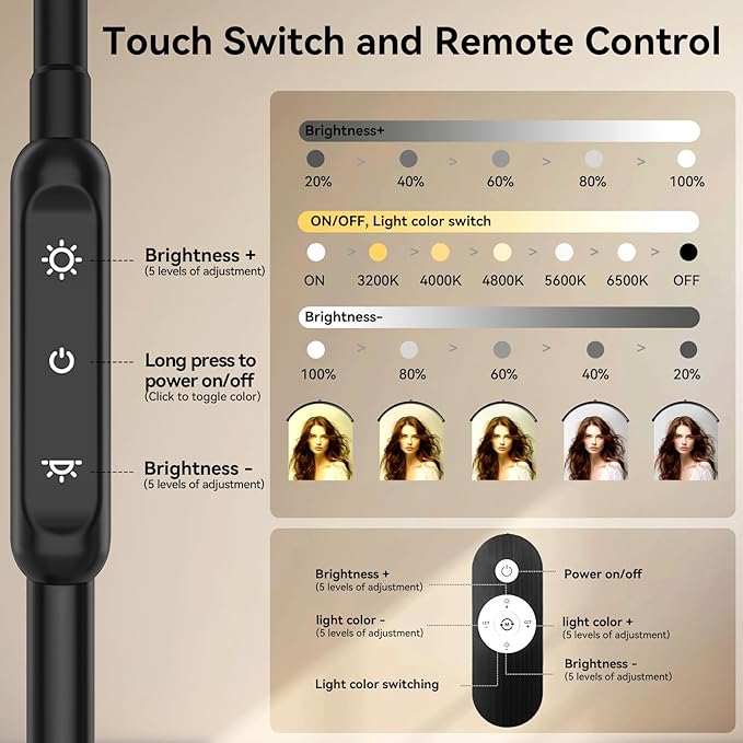 Lash Light for Eyelash Tech, Led Half Moon Light Floor Lamp for Eyelash Extensions, Tattoo, Esthetician Artists, Nail Art, Skincare, Adjustable Height, Dimmable Brightness, with Movable Tray