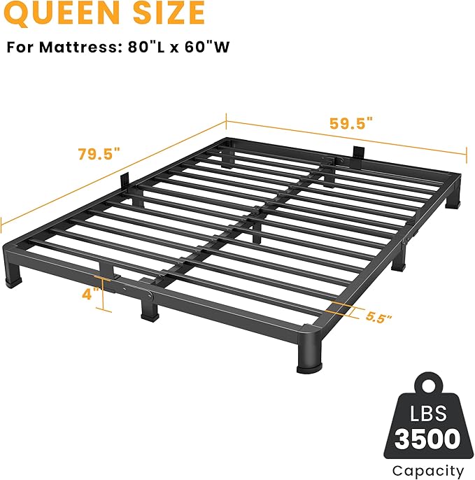 4 Inch Queen Bed Frame Low Profile, Heavy Duty Metal Platform Bed Frame with Round Corner Legs, Sturdy Mattress Foundation, No Box Spring Needed, Easy Assembly, Noise Free, Black