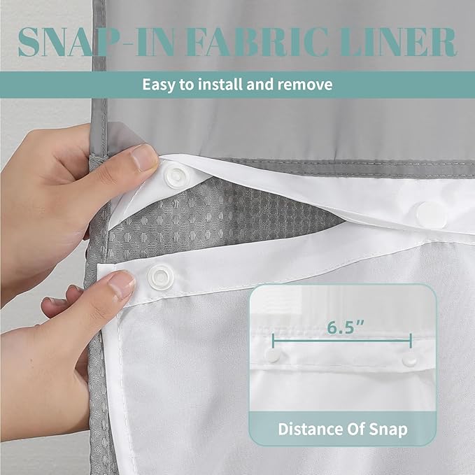 Grey Long No Hook Waffle Weave Shower Curtain with snap-in Liner Replacement, 230GSM Waterproof Fabric Hotel Shower Curtain Set for Bathroom, Through Mesh Top Window,71Wx80H