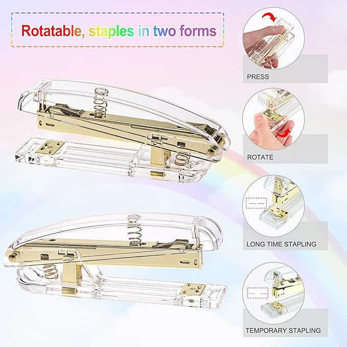EOOUT Gold Office Supplies Set Desk Accessories, Acrylic Stapler Set Staple Remover, Phone Holder, Tape Holder, Pen Holder, 2 Ballpoint Pen, Scissor, Binder Clips, Ruler, Transparent Glue and Staples.