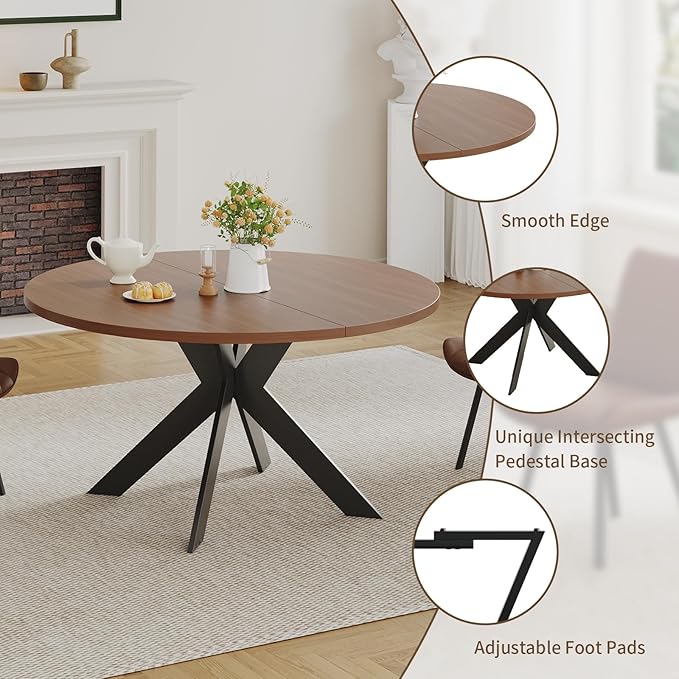 45.3" Walnut Round Dining Table Set with 4 Chairs – Mid-Century Modern Small-Space Kitchen & Dining Room Furniture for Apartment or Breakfast Nook (Boxwood – Table + 4 Brown Chairs)