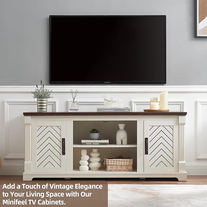 Farmhouse TV Stand for 65+ Inch TV, 25" Tall Entertainment Center with Barn Door, Rustic TV Stands for Bedroom with Adjustable Shelf, Wooden TV Consoles for Living Room, Antique White