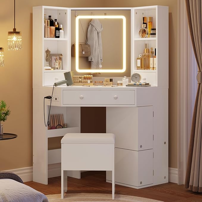 Vanity Desk with Mirror Lights, Storage Bench & Power Outlet, Corner Vanities with Rotating Cabinet & Drawers, 42.5" L Shaped Vanity Set, 3 Light Settings, for Women Girls, Modern White