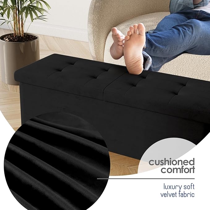 STORAGEBUD Storage Ottoman Bench with Bins, 43-in Storage Bench for Bedroom End of Bed, Folding Foot Rest Ottoman for Living Room Max 660lbs, Velvet Ottomans, Black