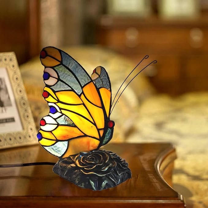 Bedside Table Lamp LED Tiffany Table Lamps Yellow Butterfly Stained Glass Shade ON Off Switch Night Light Side Table lamp for Living Room Bedroom Farmhouse Mothers Day Gifts