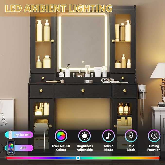 Vanity Desk with Mirror and Lights, Black Makeup Vanity Table with 3 Modes & Adjustable Brightness, Glass Cabinets, Drawers, Outlet, Modern Dressing Table for Bedroom, Girls, Women, Teens