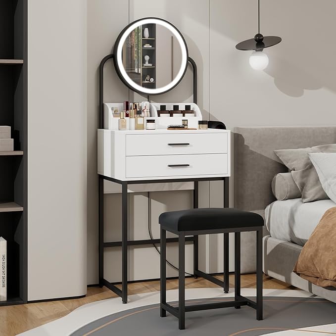 ARTETHYS Small Vanity Desk with Lighted Mirror and Lights Compact Makeup Set with Drawers for Bedroom Mini White Modern Dressing Table with Chair