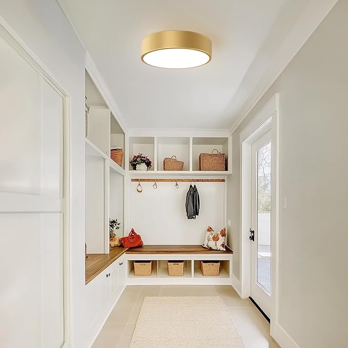 Modern Gold Flush Mount Light, 12 Inch 2-Light Round Close to Ceiling Fixture, Minimalist Lamp for Foyer, Hallway, Kitchen Island, Bedroom, Laundry, Bathroom