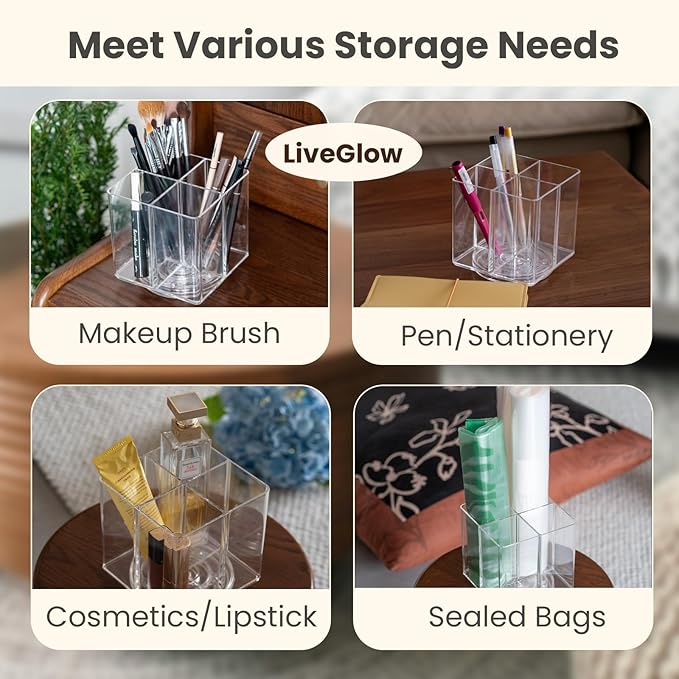 Clear Makeup Brush Holder,Acrylic Rotating 360°Makeup Brush Organizer,Pen holder with 4 Grids,Makeup Holder for Courtup,Containers for Desk