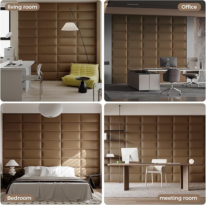 Light Brown Wall-Mounted Upholstered Headboard Panels, Faux Leather, 24x12 Inches, Pack of 12 – DIY Soundproof Wall Padding for Full, Queen, or King Beds, Modern Wall Décor, Easy to Clean