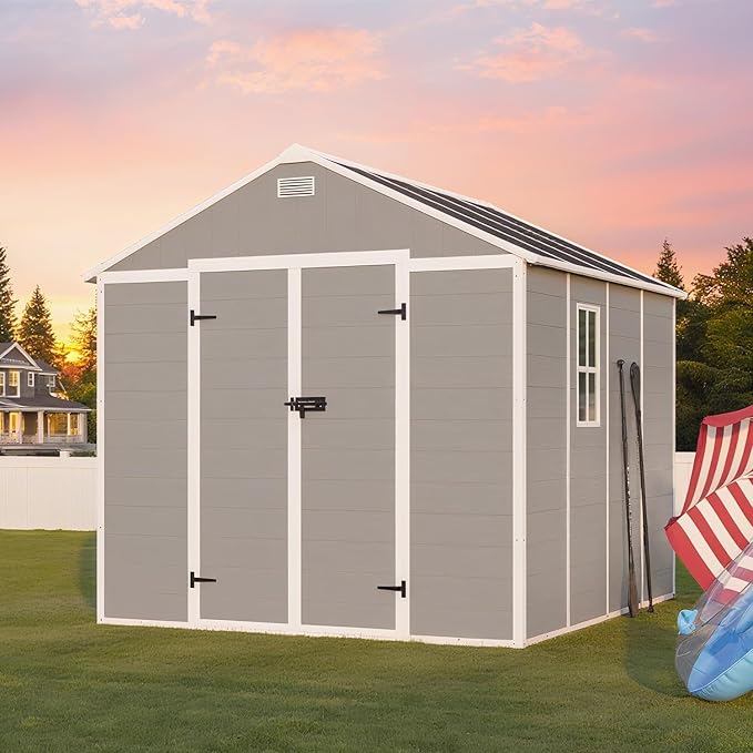 8x8 FT Outdoor Storage Resin Shed with Floor, Plastic Garden Tool Shed with Sloped Roof, Lockable Door & Windows, Easy to Assemble Bike Shed for Lawn, Backyard, Patio, Grey