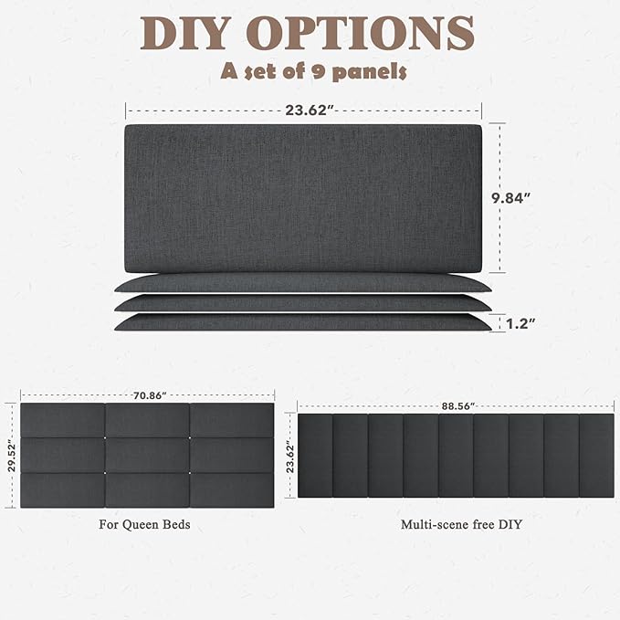 Upholstered Headboard for Queen Size Bed, Wall Mounted & Peel and Stick Headboard, Soundproof DIY Wall Panels, Fabric Tufted Head board in Modern Design for Bedroom (9 Panels, Each 23.62"x9.84"）