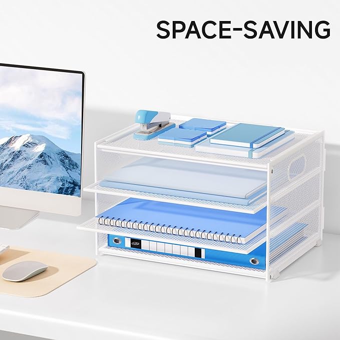 Lavatino 3-Tier Letter Tray Desk Organizer, Mesh Metal Paper File Tray Organizer for Desk, Office Supplies & Home Organization, Fits A4 Paper, Mail, Magazines & Office Accessories (White with Handle)