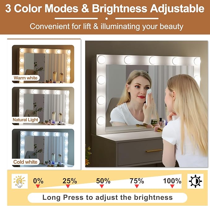 Vanity Desk with Mirror and Lights, Dressing Table with Drawers, 3 Colors Lighting Adjustable Brightness, Makeup Table with Large Mirror for Girls, Women